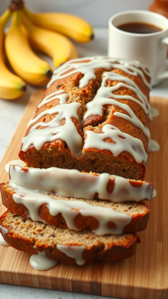 Banana bread with a sweet glaze drizzled on top, served on a wooden board with banana slices.